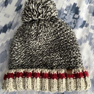 Roots Black and White Knit Beanie with Red Stripes